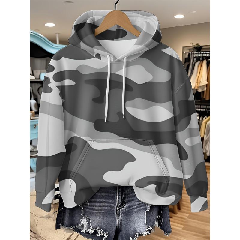 Womens Relaxed Fit Hooded Long Sleeve Sweatshirt With 3D Floral Plaid Print Breathable Comfort Casual Top