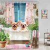 Kids Funny Dog Shower Curtain Cute Hilarious Animals Puppy Wooden Window Floral Flowers Bubbles Leaves Plant Botanical Fabric