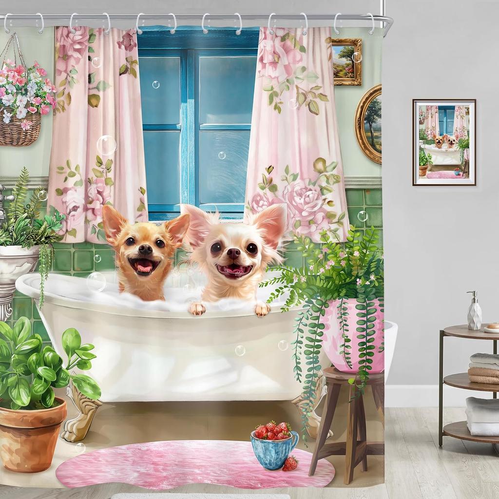Kids Funny Dog Shower Curtain Cute Hilarious Animals Puppy Wooden Window Floral Flowers Bubbles Leaves Plant Botanical Fabric