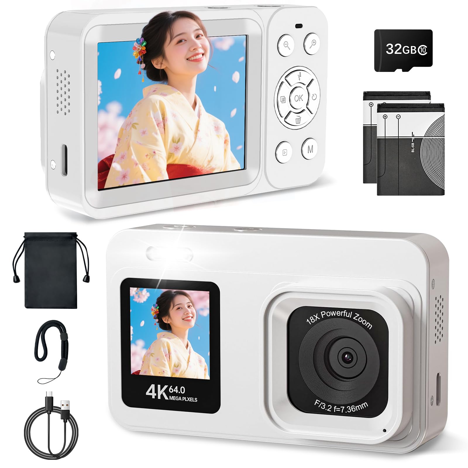 

Цифрова камера UniDit 4K 64MP з IPS-екраном, що обертається, 30 кадрів/сек, карта пам яті 32 ГБ у комплекті, 18-кратний цифровий зум, компенсація тремтіння рук, легка, 2,8-дюймова