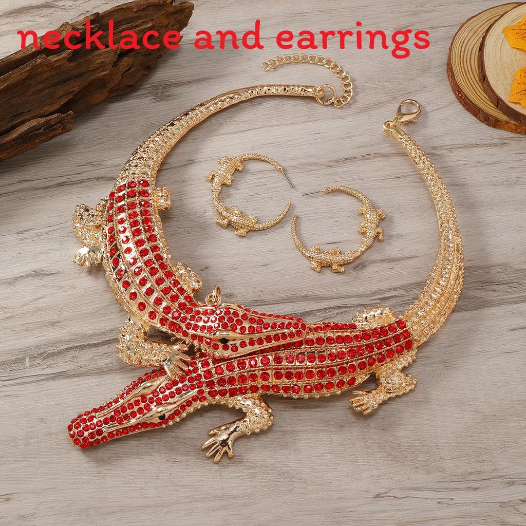 Rhinestone Creative Decoration Crocodile Design Women Necklace And Set Earring