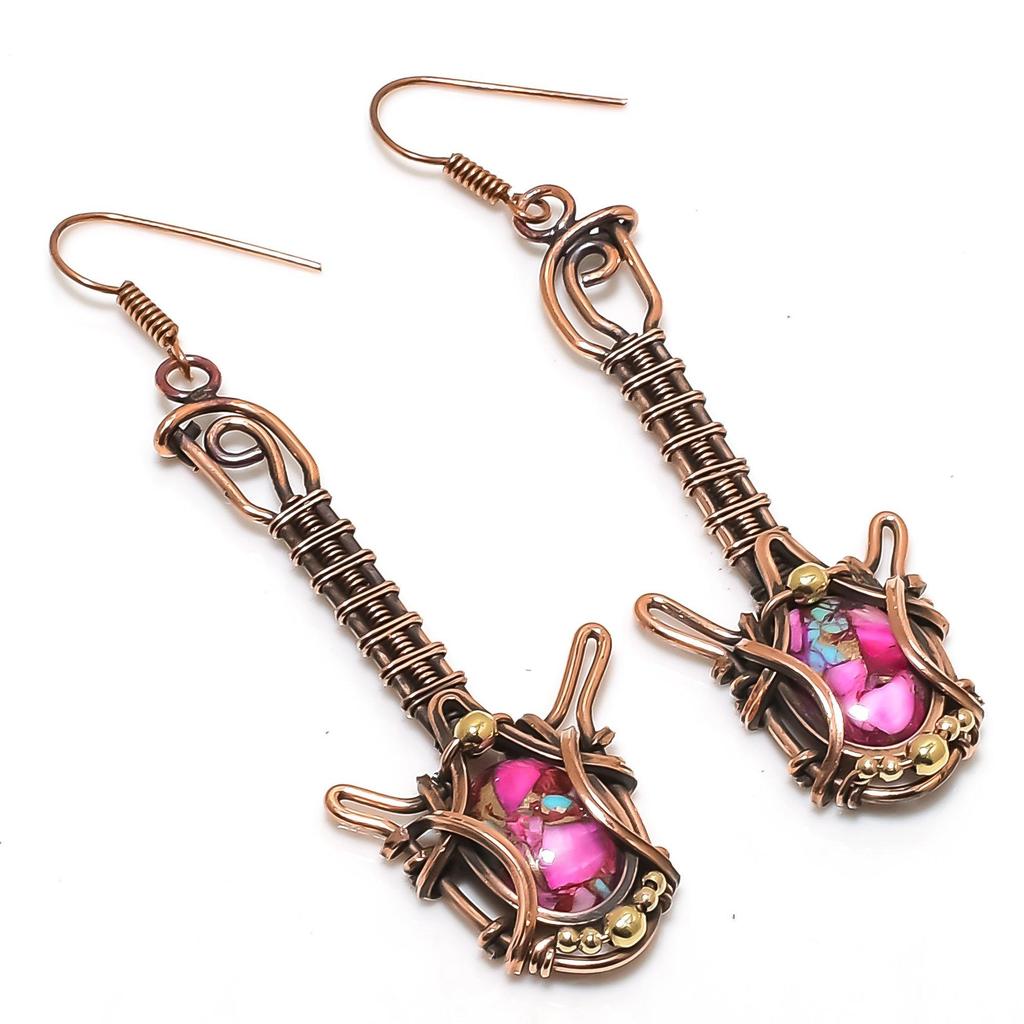 Pink Spiny Oyster 999 Copper Wire Wrapped Earrings, Handmade Gemstone Jewelry Earrings, For Memorial Day
