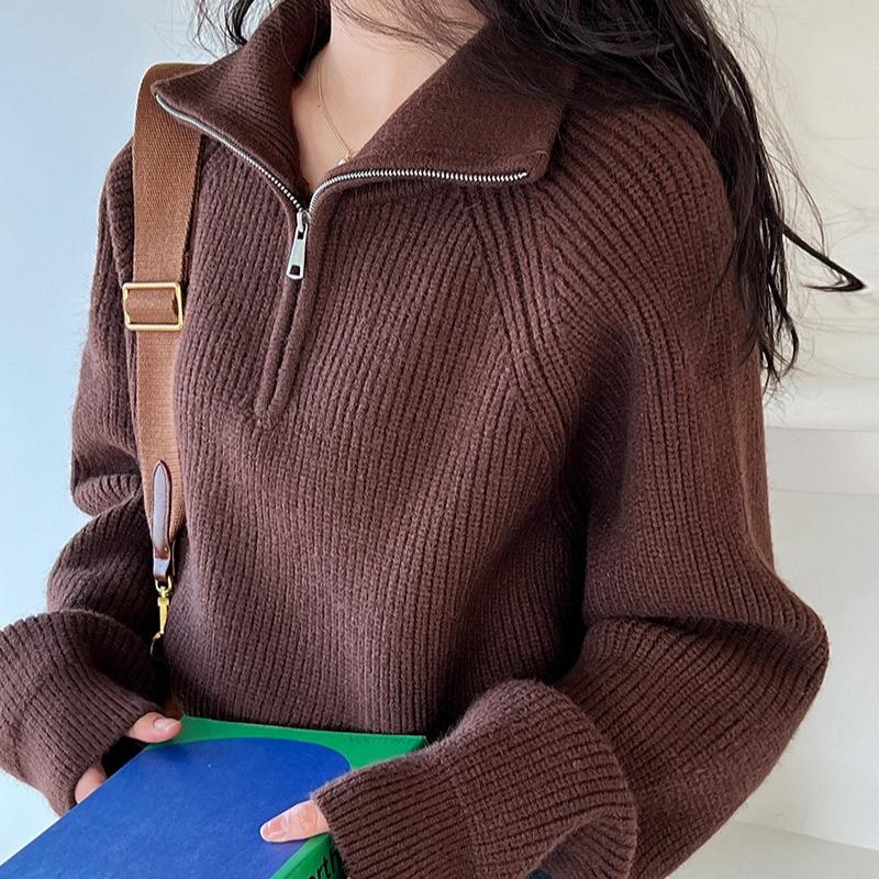 Pullovers for Women Turn-down Collar Zipper Casual Sweater Autumn Winter New Fashion Thermal Female Long Sleeve Jumpers