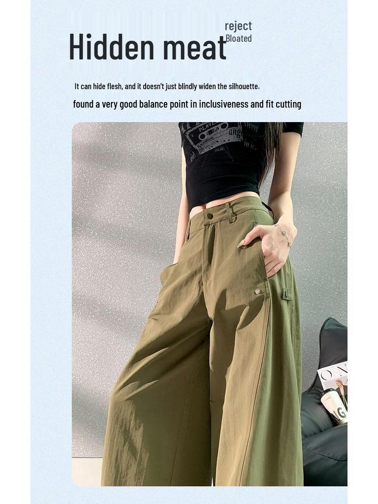 Women's American Style Green Wide-Leg Workwear Pants - Summer Loose Fit, Thin, Floor-Length, Casual 2026.