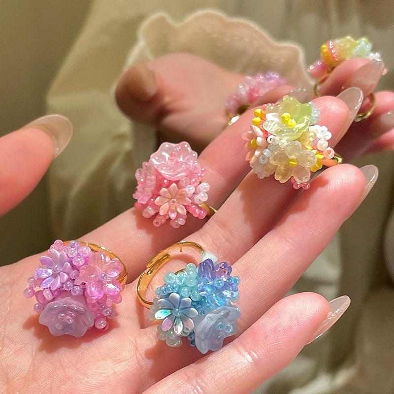 Colorful Beaded Flower Rings For Women Girls Korean  Sweet Large Flower Finger Rings Jewelry Aesthetic Y2K Accessories