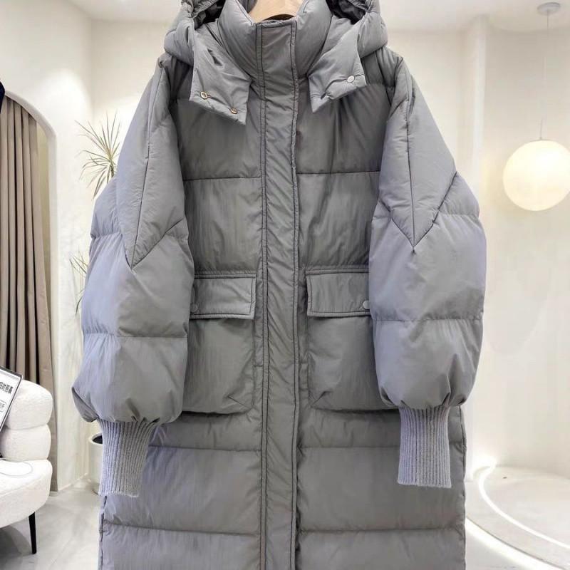 Down Jacket Women's Medium and Long Hooded Thickened Large Size Loose Quilt Winter White Duck Down Threaded Cuff Jacket