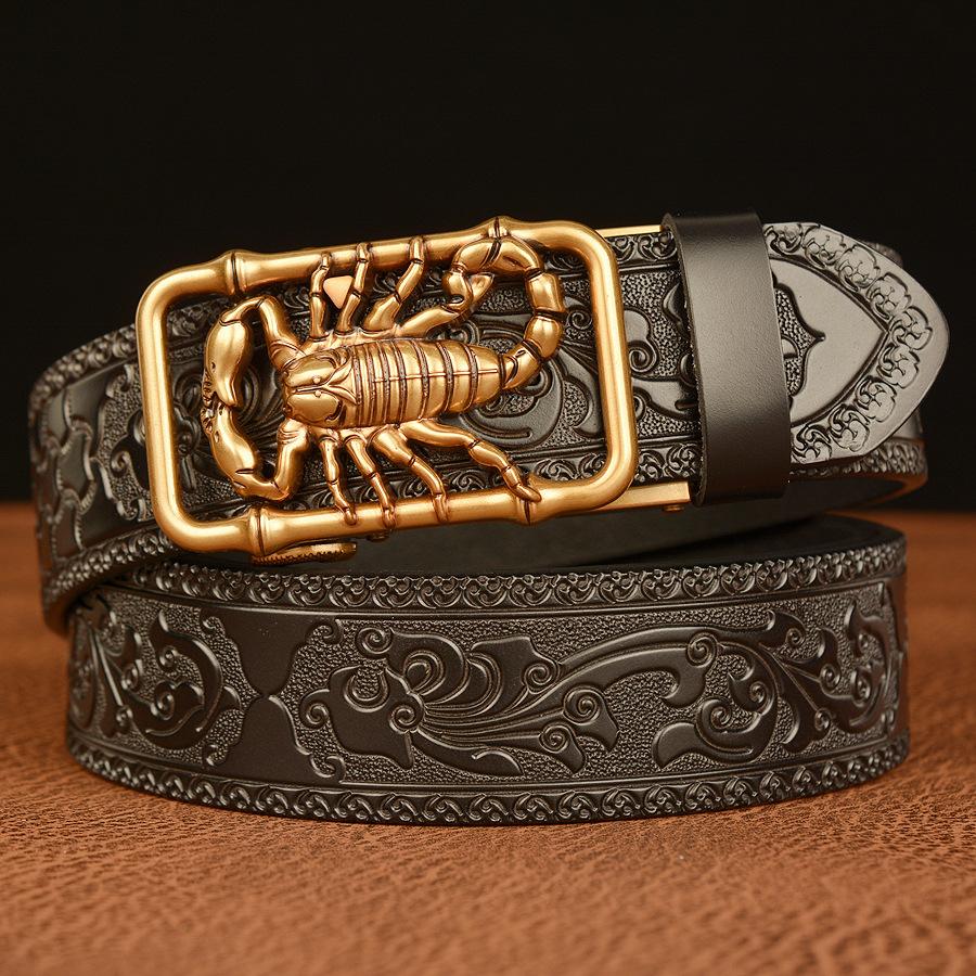 SupSindy Men Genuine Leather Belt Luxury Scorpion Metal Automatic Buckle Cowhide Belts for Men Jeans Waistband Male Strap Black