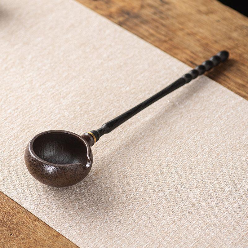 Vintage Ceramic Tea Scoop with Wooden Long Handle Tea Scoop Soup Spoon Tea Set Accessories 32.5x7x7cm
