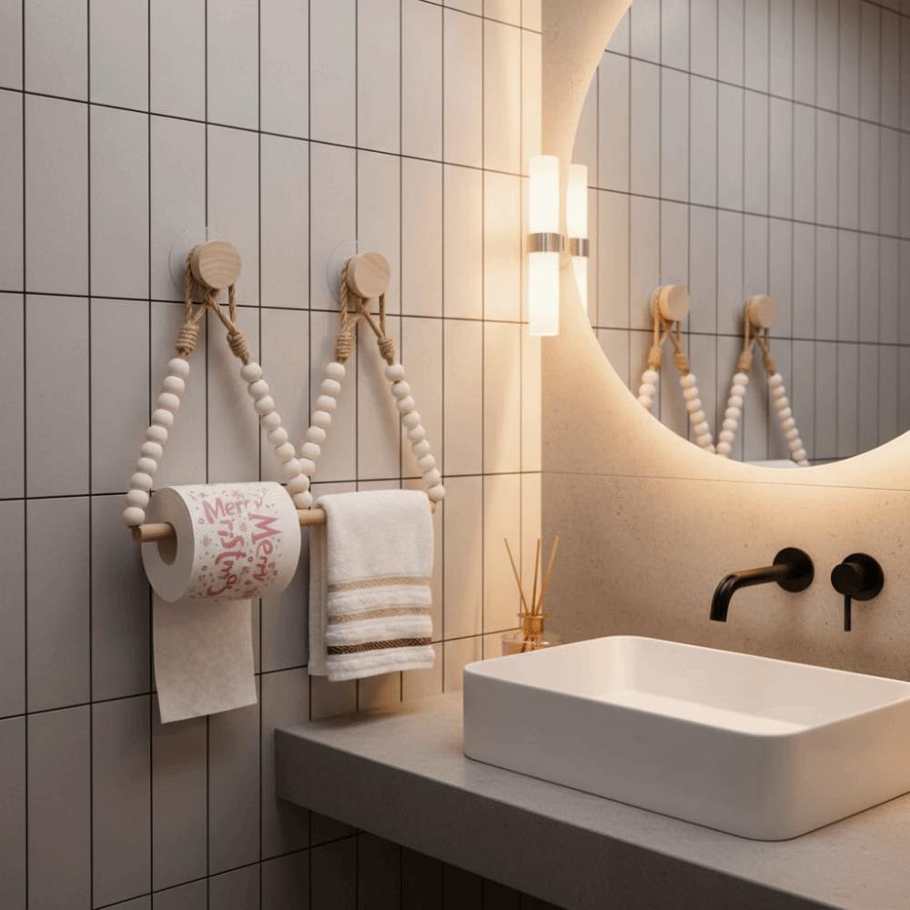 Nordic Style Wood Tissue Holder Handwoven Rope Roll Paper Holder Towel Display