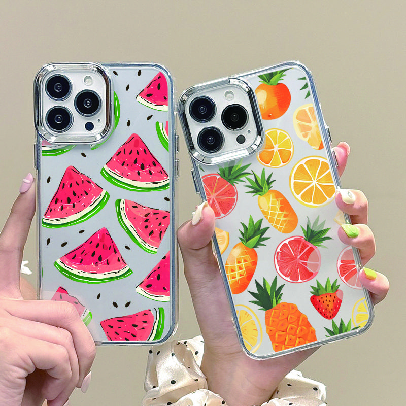 

Прозрачный мягкий чехол TPU для iPhone 16 Pro 15 14 Plus 13 12 Pro Max 11 с роскошным покрытием, оправой объектива, узором с летними фруктами, тонкий противоударный чехол iPhone 16