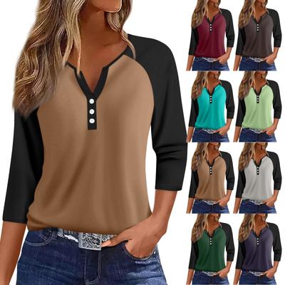 Women's Fashion Casual Raglan Sleeve Colorblock V-Neck Three-quarter Sleeve Decorative Button T-shirt Top