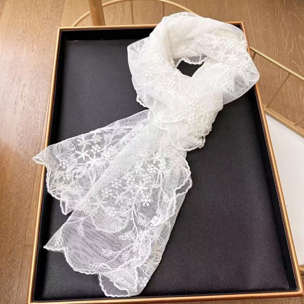 Retro Embroidered Flower Lace Scarf Breathable Mesh Long Sunscreen Shawl Lightweight Silk Scarf Summer белый