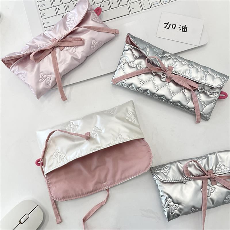Sweet Quilted Bow Love Flap Pencil Case Organizer Coin Purse  Girly Cosmetic Bag Women Portable Sundries Storage Bag Gift