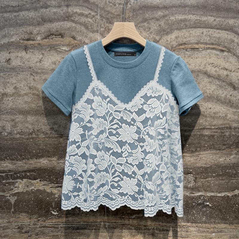 ZANZEA Women Lace Patchwork Casual Round Neck Short Sleeve T-Shirt
