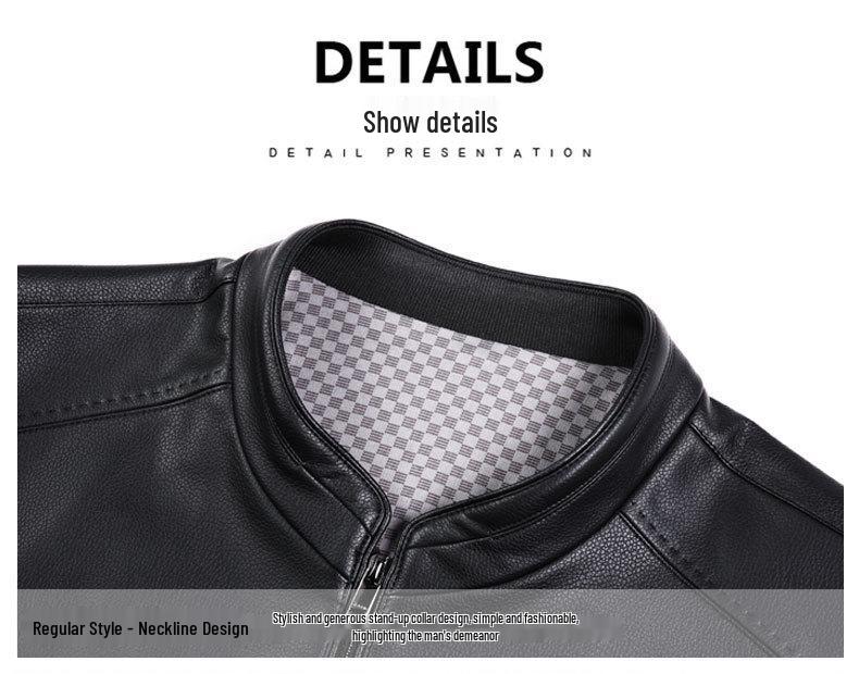 Men's Middle-Aged Business Casual Sheepskin Leather Jacket with Stand Collar and Plus Velvet Lining