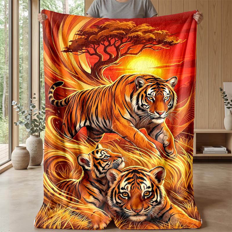Tiger Family Sunset 1 Theme blanket Lightweight Warm Flannel Blanket Decorative Throw Blanket for Home Decoration