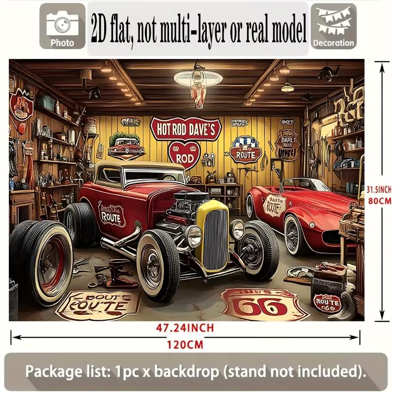 Toile de fond 2D pour garage Hot Rod pour hommes - Arrière-plan de photomaton sur le thème de la Route 66