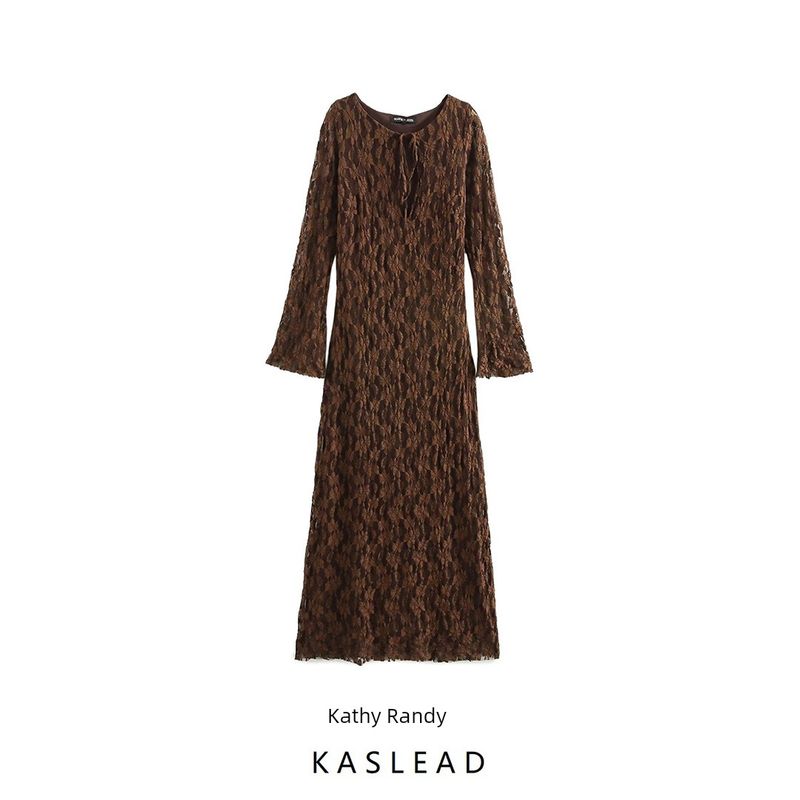 Kaslead New Arrival Women's Clothing Fashion Style Fashion Lace Round Neck Long Sleeves Long Dress 4661257