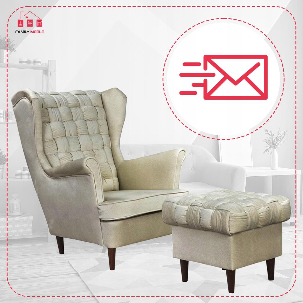 Fotel uszak Carol z podnóżkiem skandynawski Family Meble jasny beżowy