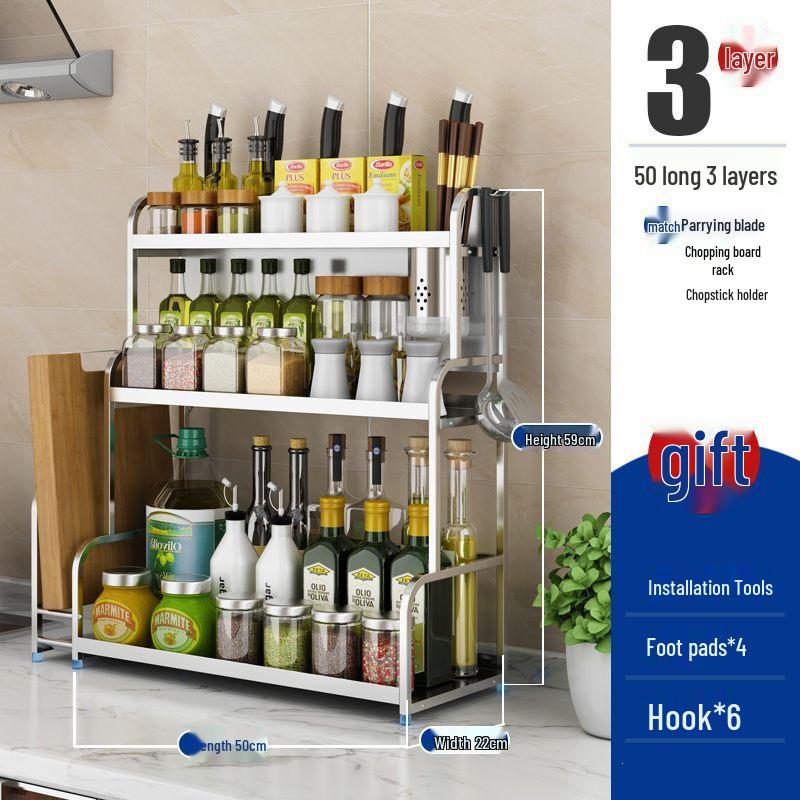 Multi-Functional 304 Stainless Steel Kitchen Shelf and Spice Rack with Knife Holder