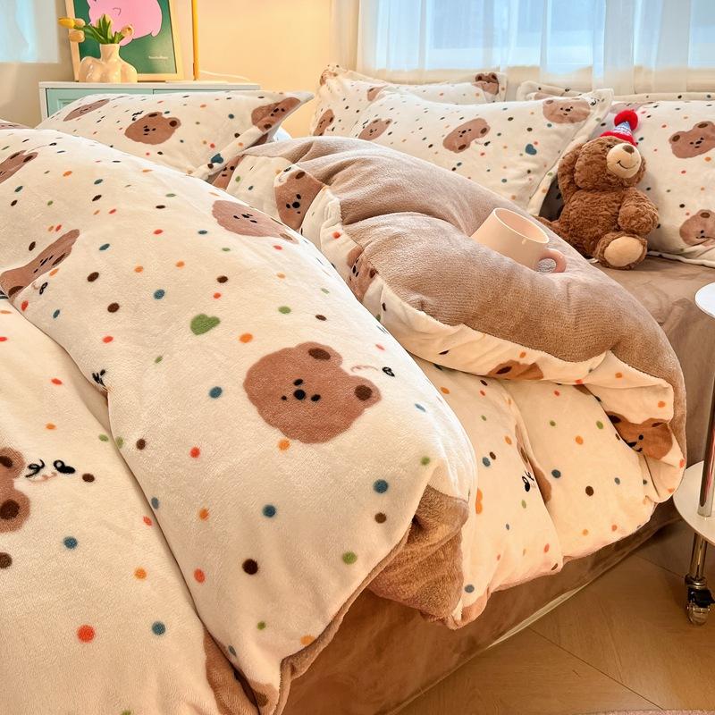 Thickened Milk Fleece Four-Piece Set, Coral Flannel Quilt Cover, Double-Sided Fleece Bed Sheet Quilt Cover, Bed Hat Three-Piece Set