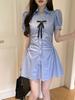 College Style Suit Waist Thin Skirt Striped Shirt Dress Women's Summer High Waist Shorts Fashion Two-piece Set