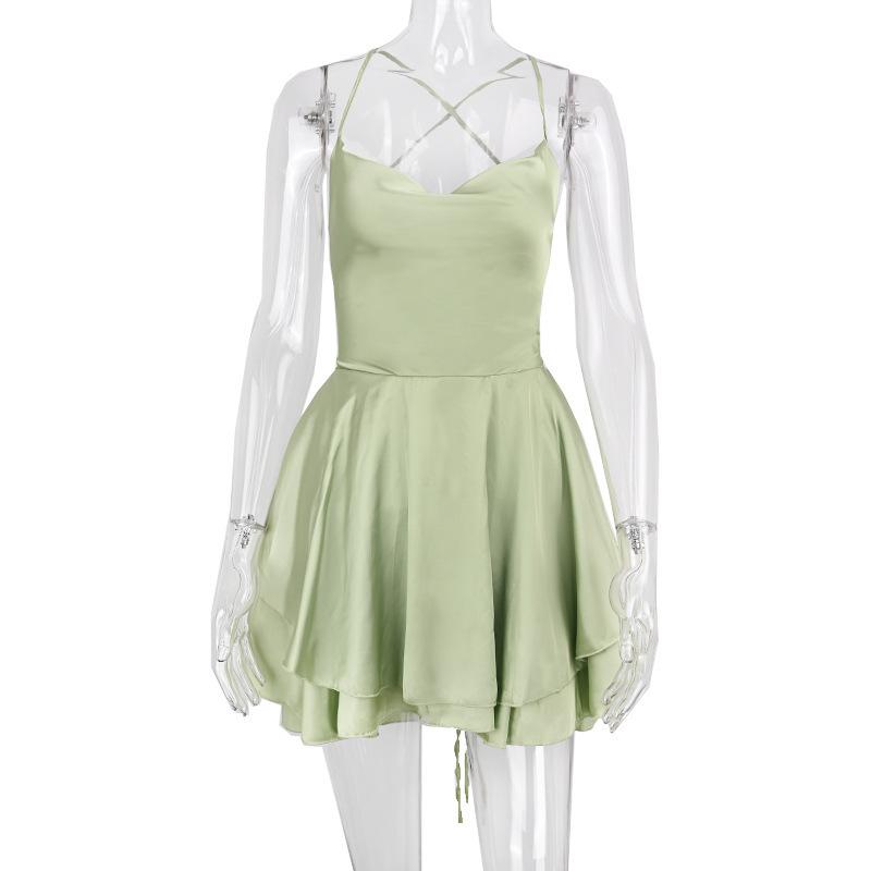 Satin Silk Women Sexy Cami Playsuits Dress Solid Cowl Neck Sleeveless Short Jumpsuits Summer Cross Tie-Up Backless Romper