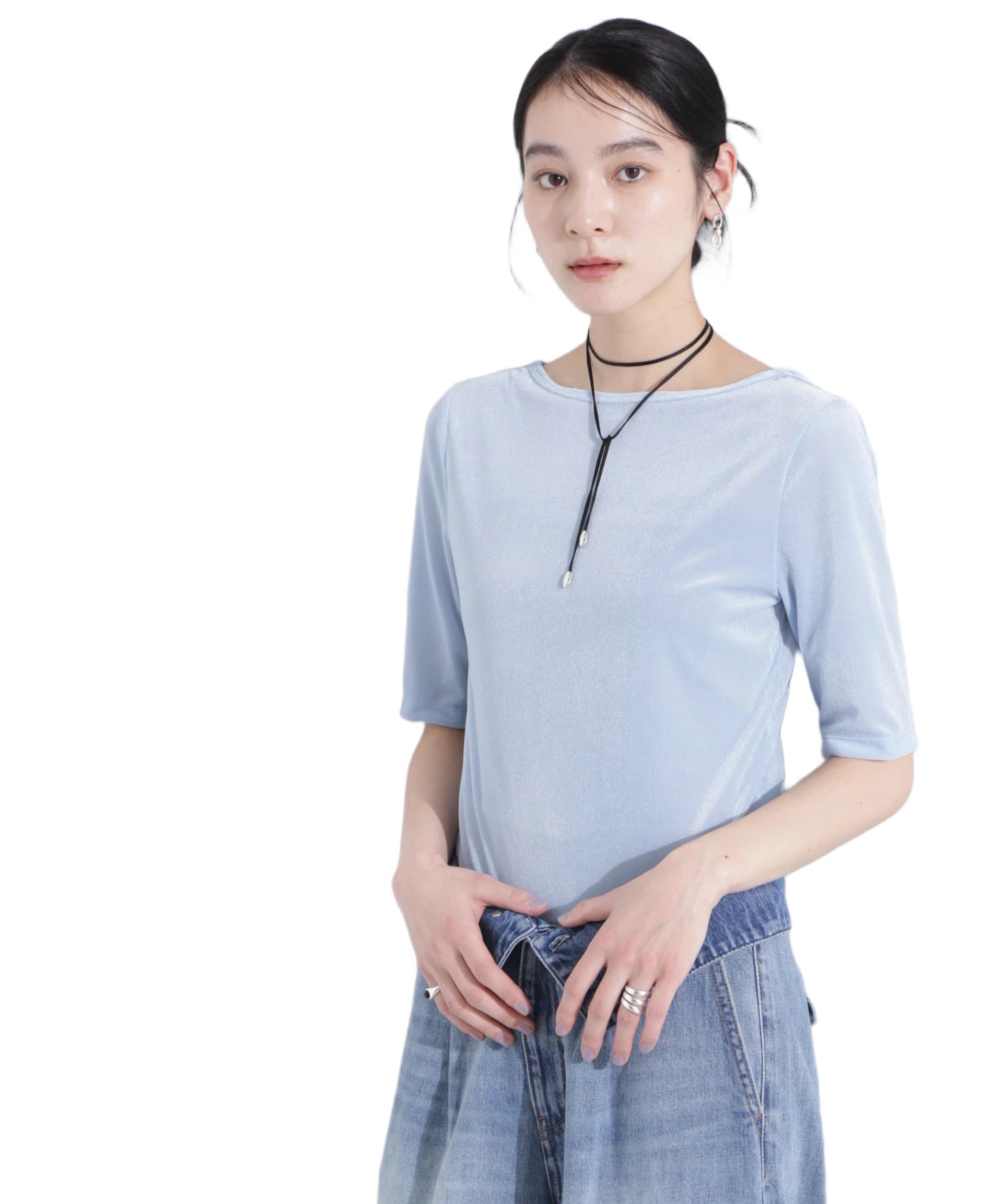 

Nano Universe Прозрачный бархатный рукав Размер F Размер L Женская футболка с открытой спиной 5/8, (111), (синий), 669-5123304