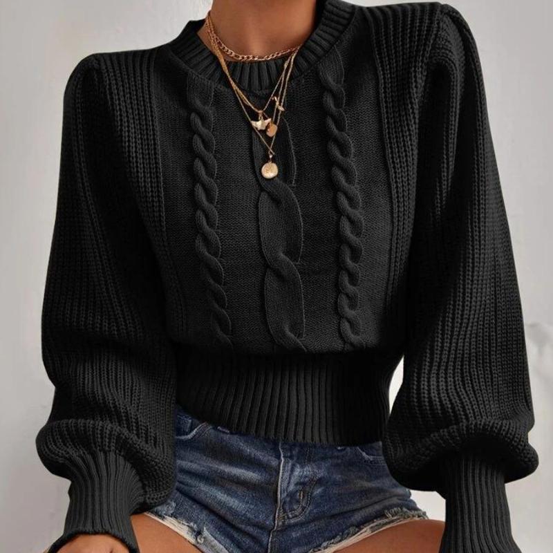 

Сплошной цвет вязаный свитер женский пуловер с круглым вырезом и рукавами-фонариками топ One size чёрный