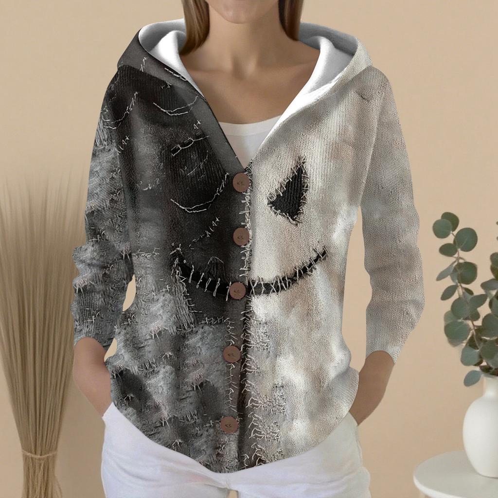 Mote for kvinner, avslappet genser, knappestrikkejakke med trykk, hettejakke