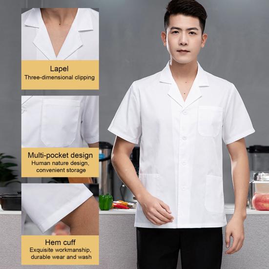 Unisex Chef Restaurant Jacket Lapel Short Sleeve Patch Pocket Chef Coat Men Women Single Breasted Kitchen Wear Waiter Bakery Uniform