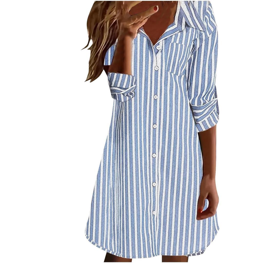 Ladies' Fashionable Striped Lapel Casual Long Sleeved Loose And Comfortable Button Up Dress