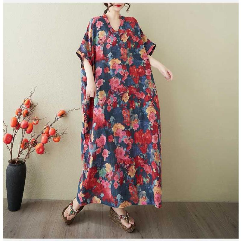 Women's Vintage Long Dress with Cotton and Linen Patterns