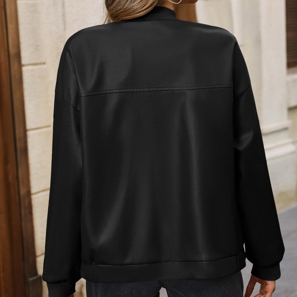 Casual short long-sleeved PU locomotive leather jacket, jacket, top, women