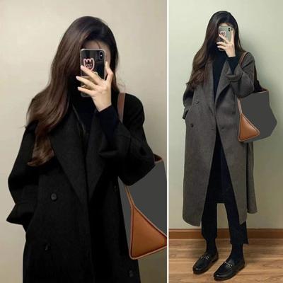 Dam Lång Ullkappa Dubbelknäppt Ärtkappa Casual Långärmad Hacklapp Krage Trenchcoat