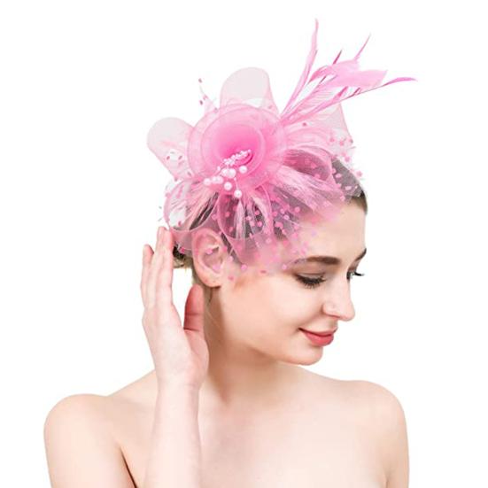 Party Fascinator Hat Mesh Feather Flower Decor Headdress Wedding Headgear Faux Pearl Stage Performance Head Decor Hat Bridal Hair Accessories