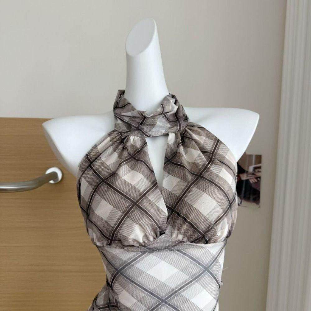 Lace Up Halter Sleeveless Camisole Plaid Stripe Suspender Vest Fashion Slim Crop Tops Travel