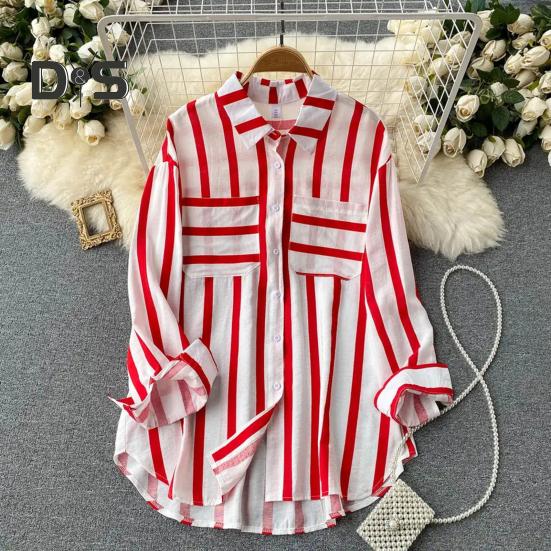 Women Fall Shirt Contrast Color Striped Print Long Sleeve Loose Lapel Single breasted Patch Pocket Buttons Soft Commute Top