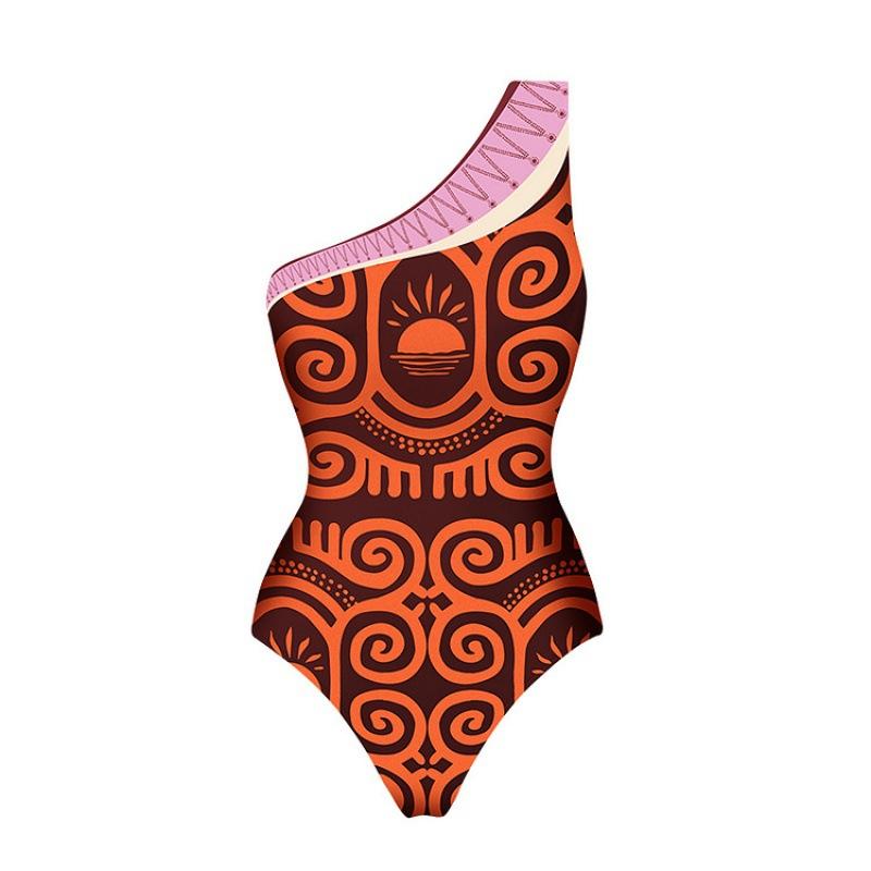 One-shoulder ethnic print one-piece swimsuit set women s beach vacation swimsuit 7 S