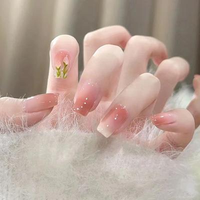 24 Pieces Simple and Sweet Gradual Change Tulip Flowers Wear Short Nail Spring New Nail Piece Removable Nail Piece