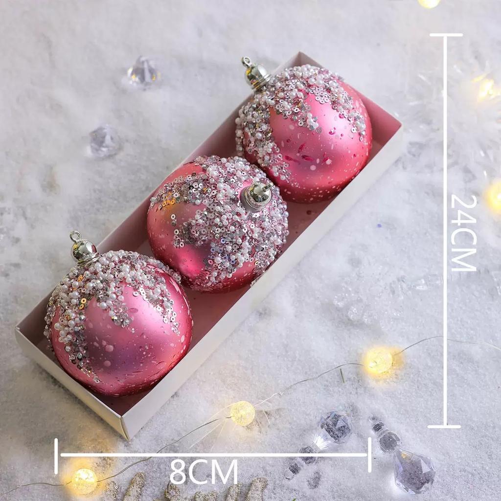 3Pcs Pink Christmas Balls Ornaments 8cm Glitter Pearl Baubles for Christmas Tree Elegant Decoration Apartment New Year Winter
