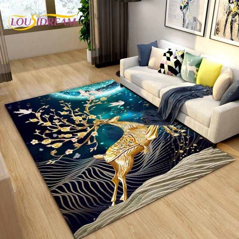 3D Cartoon Nordic Elk Reindeer Area Rug,Carpet Rug for Living Room Bedroom Sofa Doormat Decoration,Child Play Non-slip Floor Mat