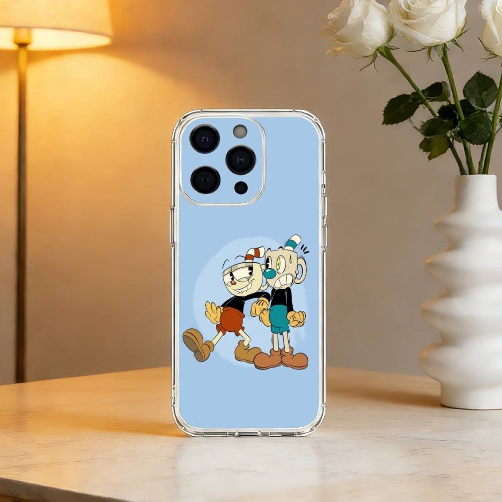 Cute CupHead And MugMan Phone Case For iPhone 17 16 15 14 13 12 11 Mini Pro Max Plus Transparent Cover