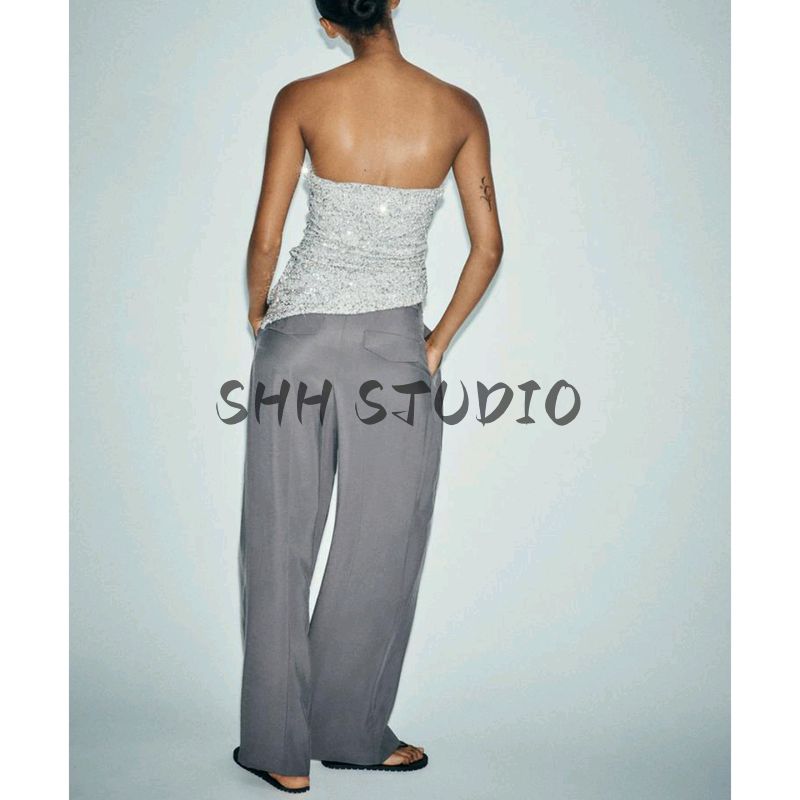 Summer New Arrival Women clothes Pleat Trim Straight Collar off-the-Shoulder Sequin Applique Detail Tube Top Top 1014802