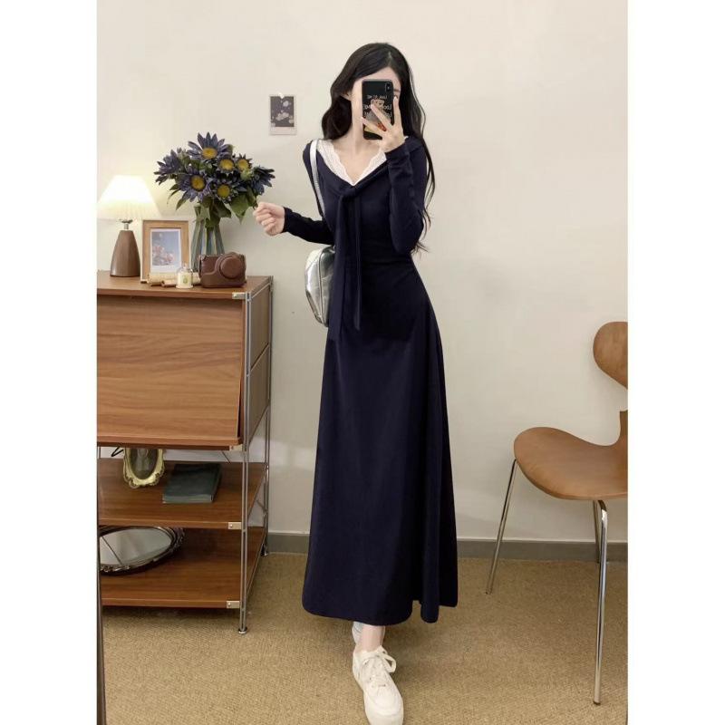 Große Größe Koreanische Version von hochwertigem langärmeligem Kleid für Damen Herbst Bauchbedeckung und dünner Rock, schicker und schöner A-Linien-Rock