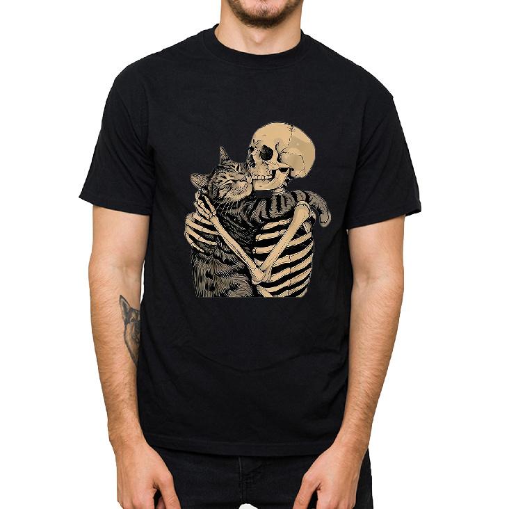 Casual Short-Sleeve T-Shirts Featuring a Cat Pattern with Skeletons S чёрный