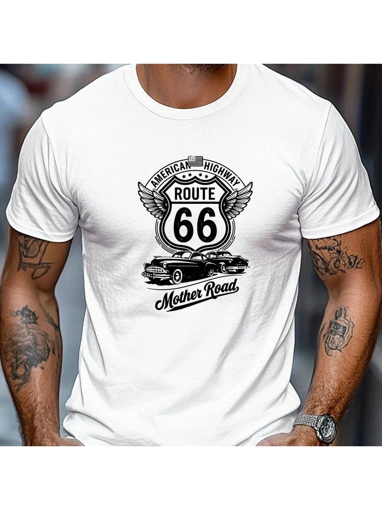 Retro Route 66 Classic Car Graphic T-Shirt Vintage Highway Road Trip Tee