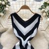 Summer Women Casual V-neck Sleeveless Knitted Tassel Striped Sweater Slim Bodycon Mini Short Sheath Dresses
