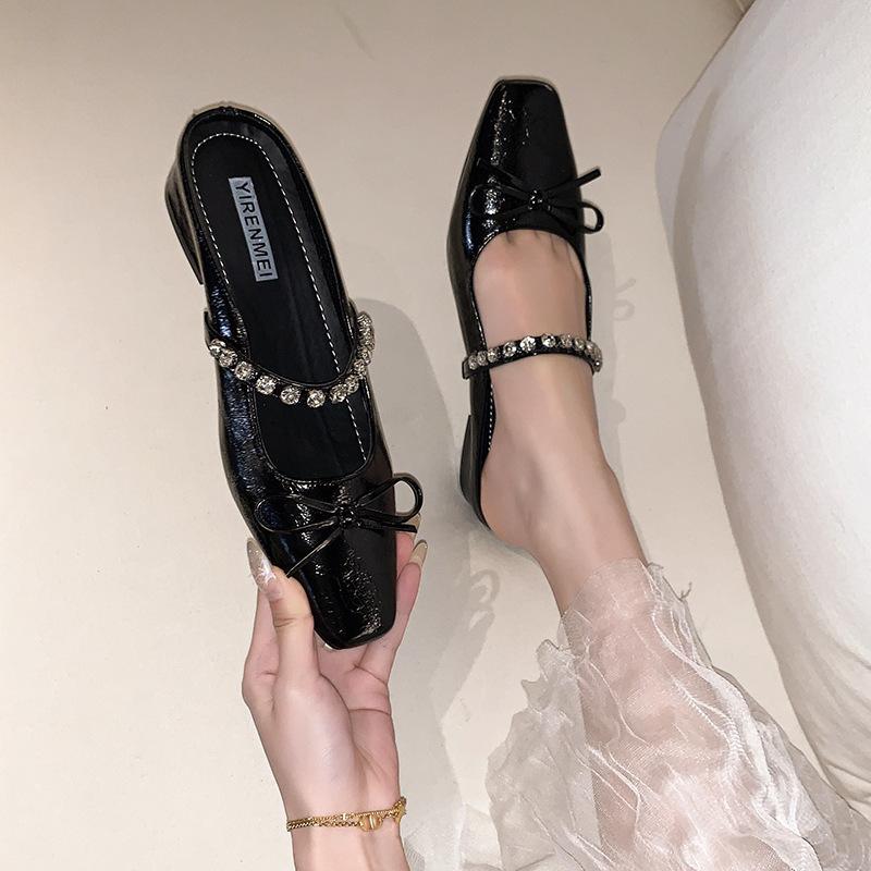 Mary Jane shoes women's spring and summer 2025 new French bow rhinestone square head sandals bag head thick heel slippers women