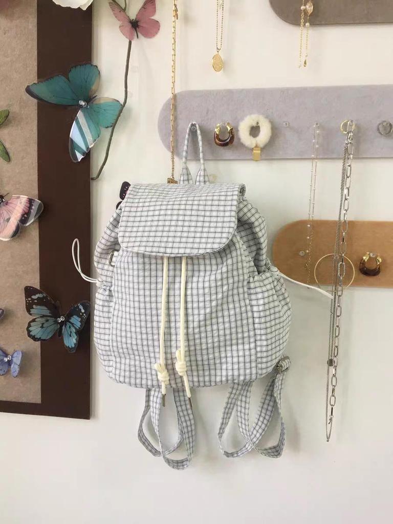 Korean Blue Plaid Canvas Backpack Women's 2025 New Large-capacity Drawstring Backpack College Style Commuter Schoolbag